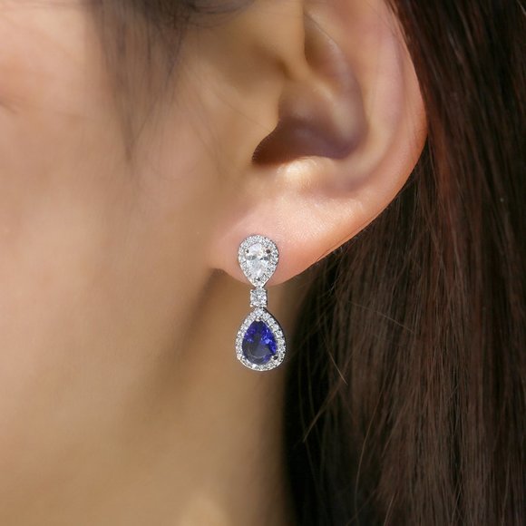 NEW Silver Blue Teardrop Sapphire Diamond Earrings - Picture 4 of 7
